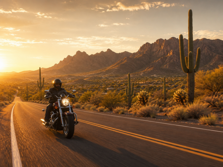 Motorcyclist riding through Scottsdale Arizona desert highway near McDowell Mountains. Scottsdale motorcyle accident lawyer.